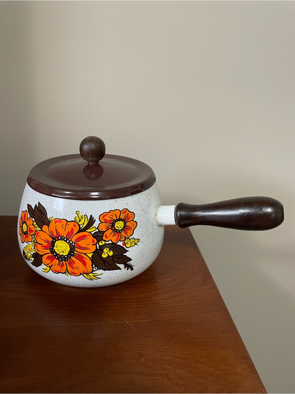 Vintage Sanko Ware Pot Orange Poppy Enamel Cookware MCM Retro Kitchen